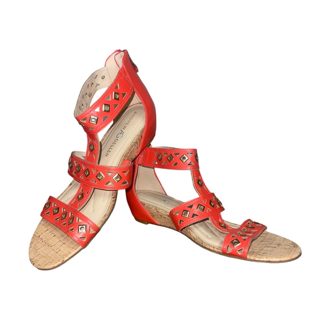 Women’s Andrew Geller Wedge Leather Sandals Cork Soles Coral Size 9.5M Like New